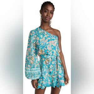 HEMANT AND NANDITA Lyna Short Floral One-Shoulder Dress in Turquoise Small NWT
